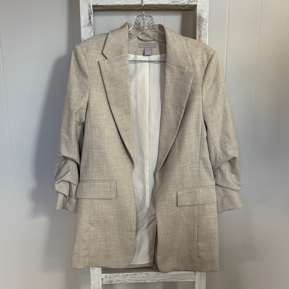 H&M Beige Textured Long Blazer